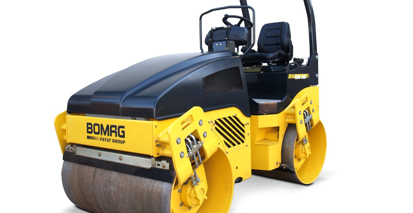 Yellow BOMAG tandem roller with two steel drums